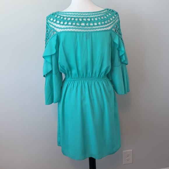 Si Style Turquoise Crochet Ruffle Sleeve Mini Dress Medium - Picture 9 of 9